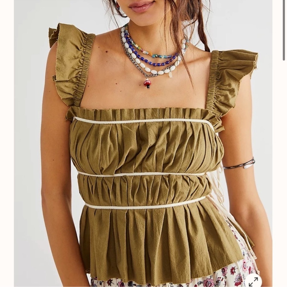 Free People Olive Green Ruffled Peplum Square-Neck Tank